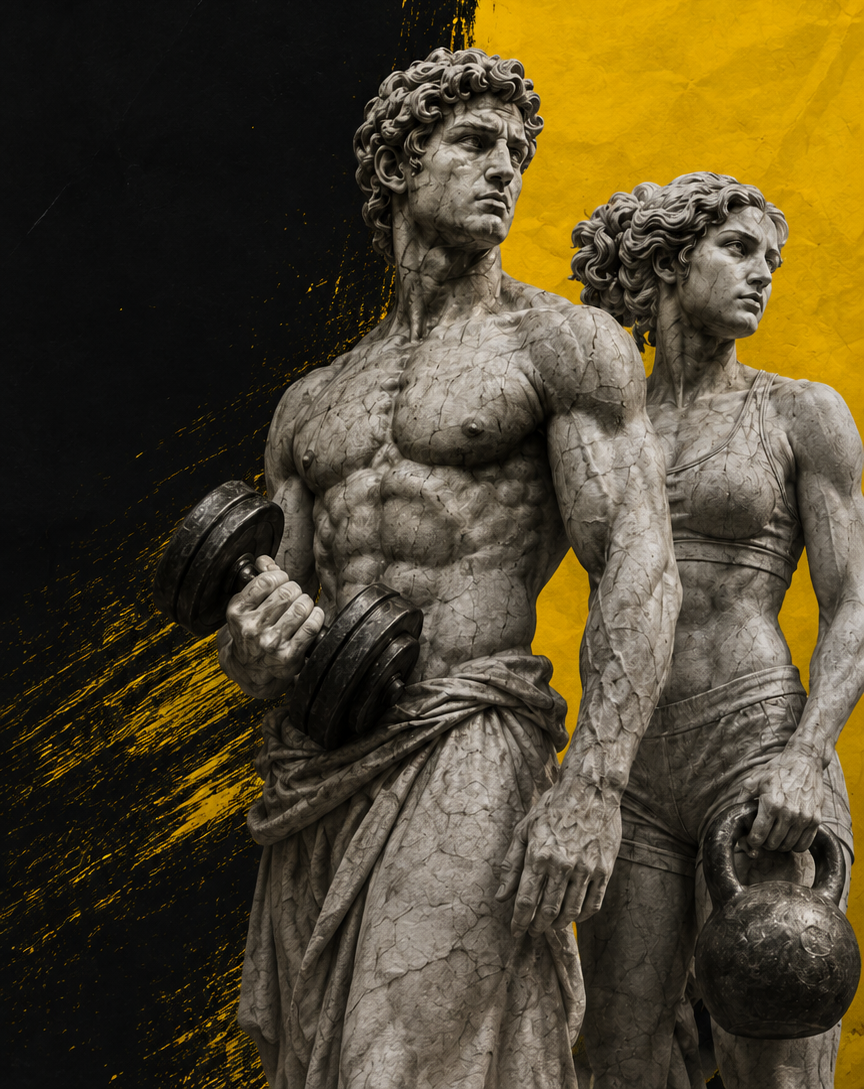Estatuas clásicas entrenando con mancuernas y kettlebell