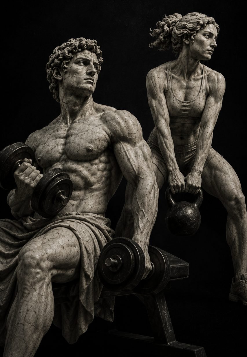 Estatuas clásicas de mármol entrenando con mancuernas y kettlebell, estilo AdaN GyM